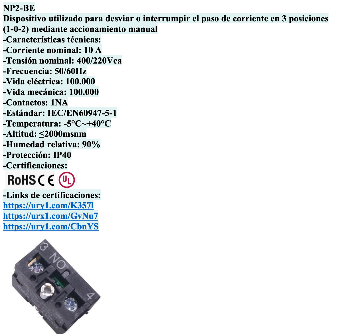 Bloque de Contacto Auxiliar CHINT NP2-BE101 1NA – Código 2505001CH