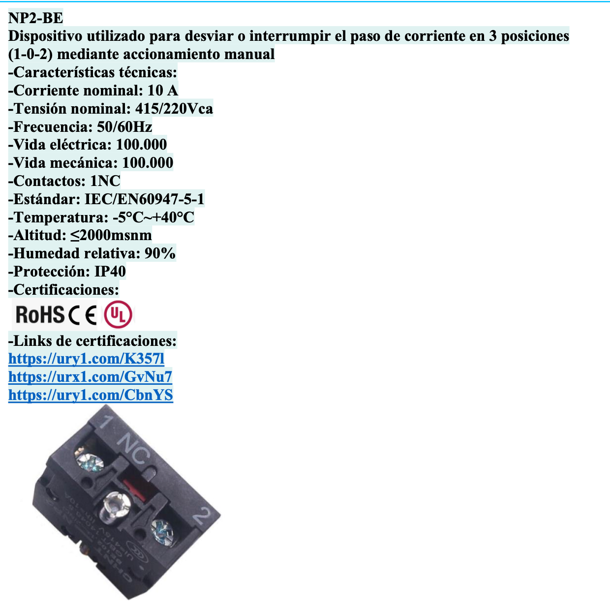 Bloque de Contacto Auxiliar CHINT NP2-BE102 1NC – Código 2505010CH