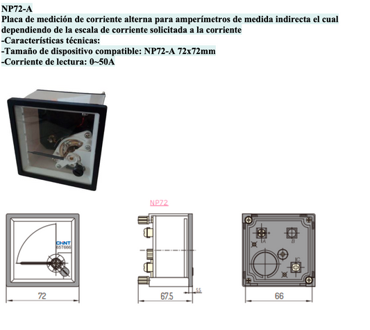Escala para Amperímetro CHINT NP72 72x72mm 0-50A AC – Código 27011050CH