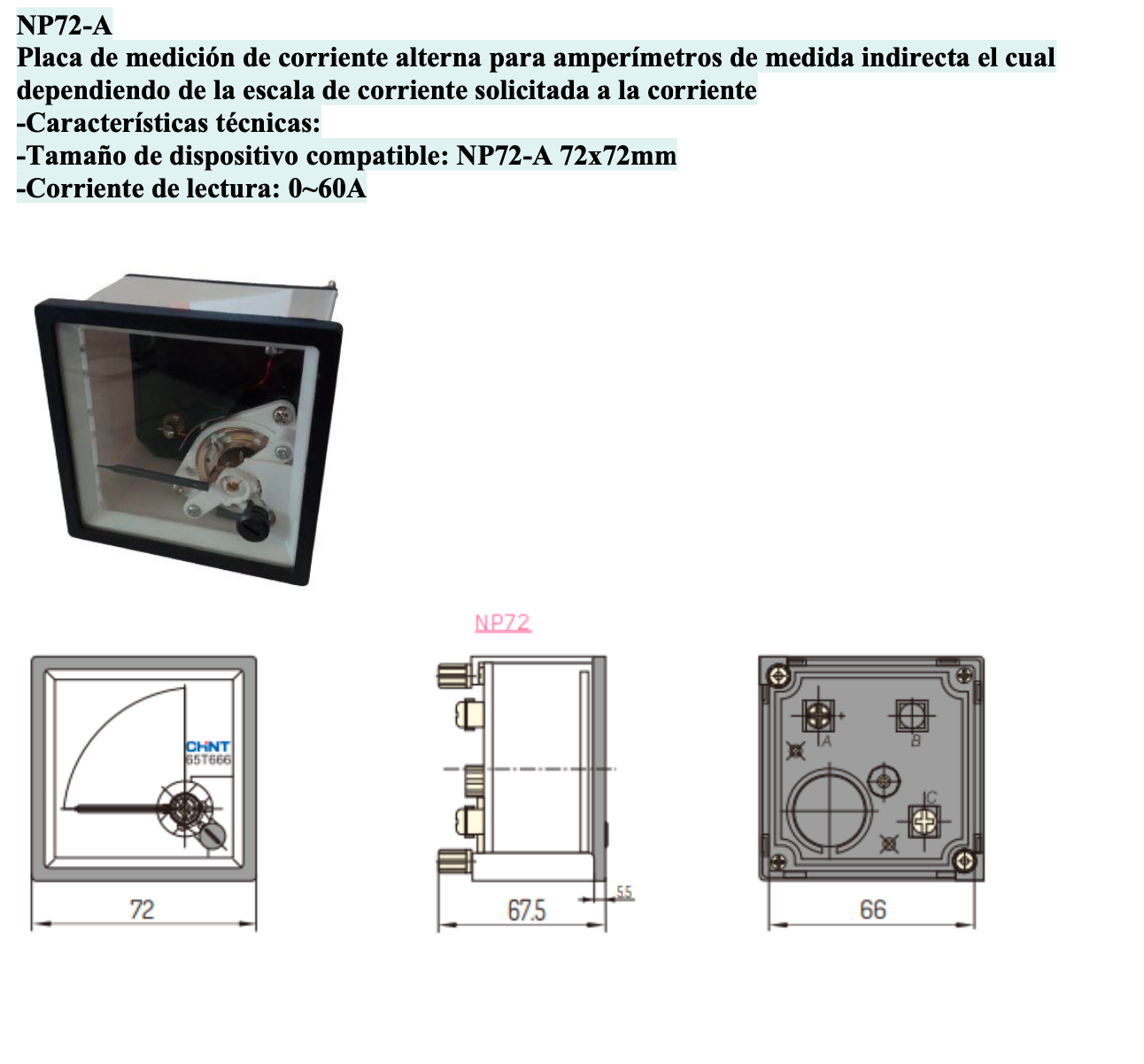 Escala para Amperímetro CHINT NP72 72x72mm 0-60A AC – Código 27011060CH