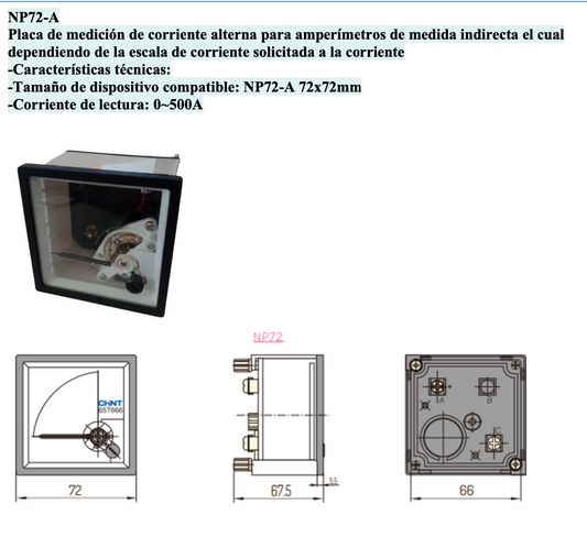 Escala para Amperímetro CHINT NP72 72x72mm 0-500A AC – Código 27011500CH