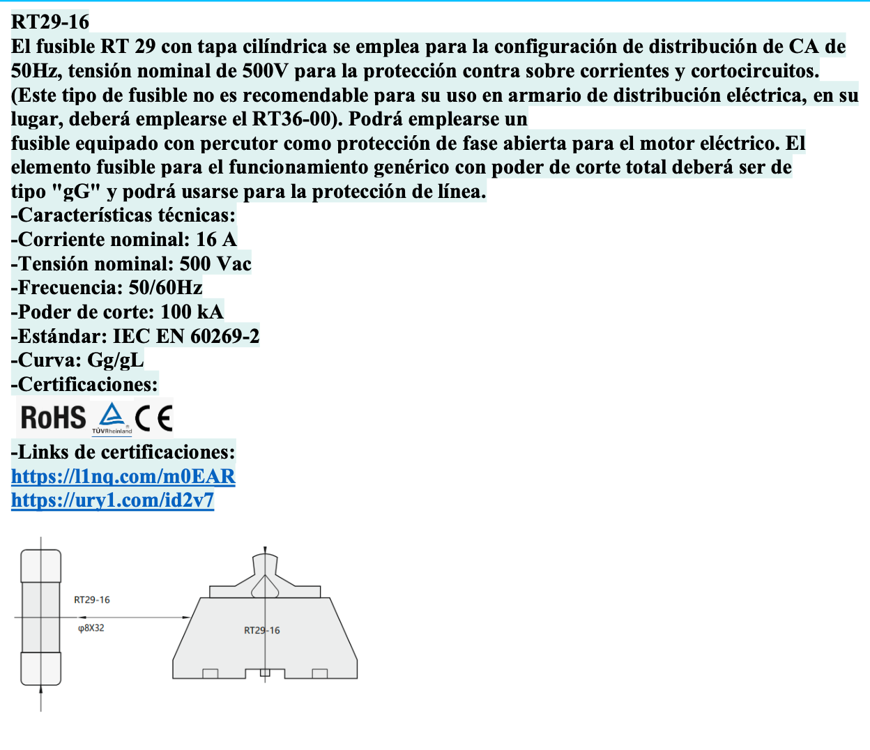 Pack 10 Fusibles Cilíndricos CHINT 8.5x31.5mm 16A gG/gL 500V – Código 2109016CH