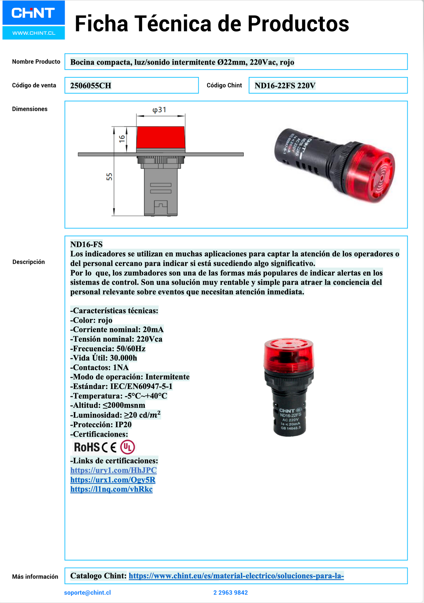 Pack de 100 Bocinas Luz‑Sonido Intermitente CHINT ND16‑22FS Ø22 mm 220 VAC Roja – Código 2506055CH
