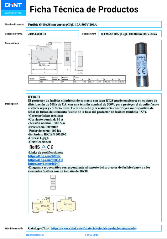 Pack 10 Fusibles cilíndricos CHINT RT28‑32 10 A gG/gL Ø 10×38 mm 500 V – Código 21051310CH