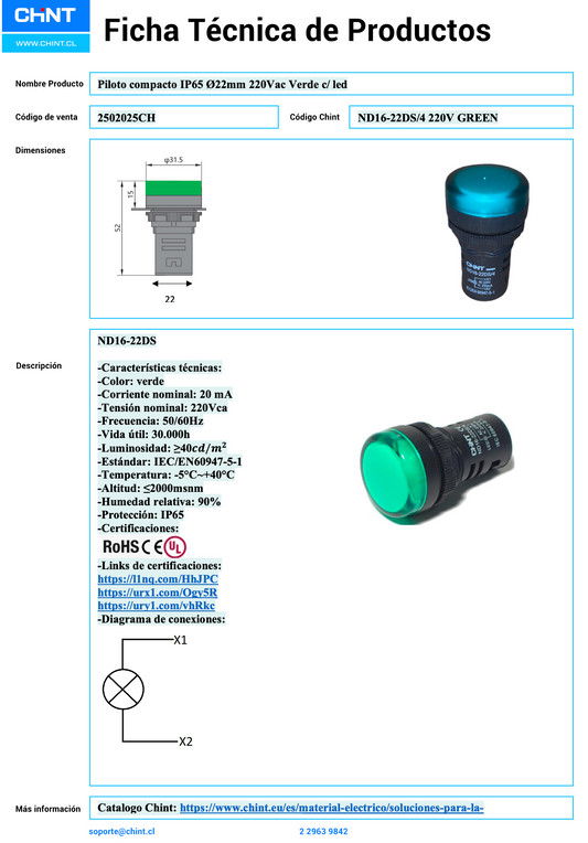 Pack 10 Pilotos Compactos CHINT ND16-22DS/4 Verde Ø22mm 220V AC | Código 2502025CH