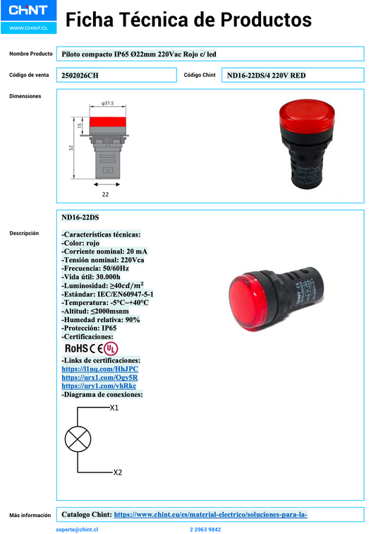 Pack de 10 Piloto Compacto CHINT ND16‑22DS/4 Rojo Ø22 mm 220 V AC – IP65 | Código 2502026CH