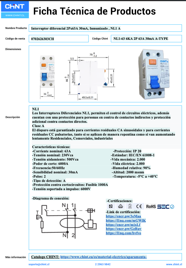 Interruptor Diferencial CHINT NL1 2P 63A 30mA Tipo A – Código 0702626303CH