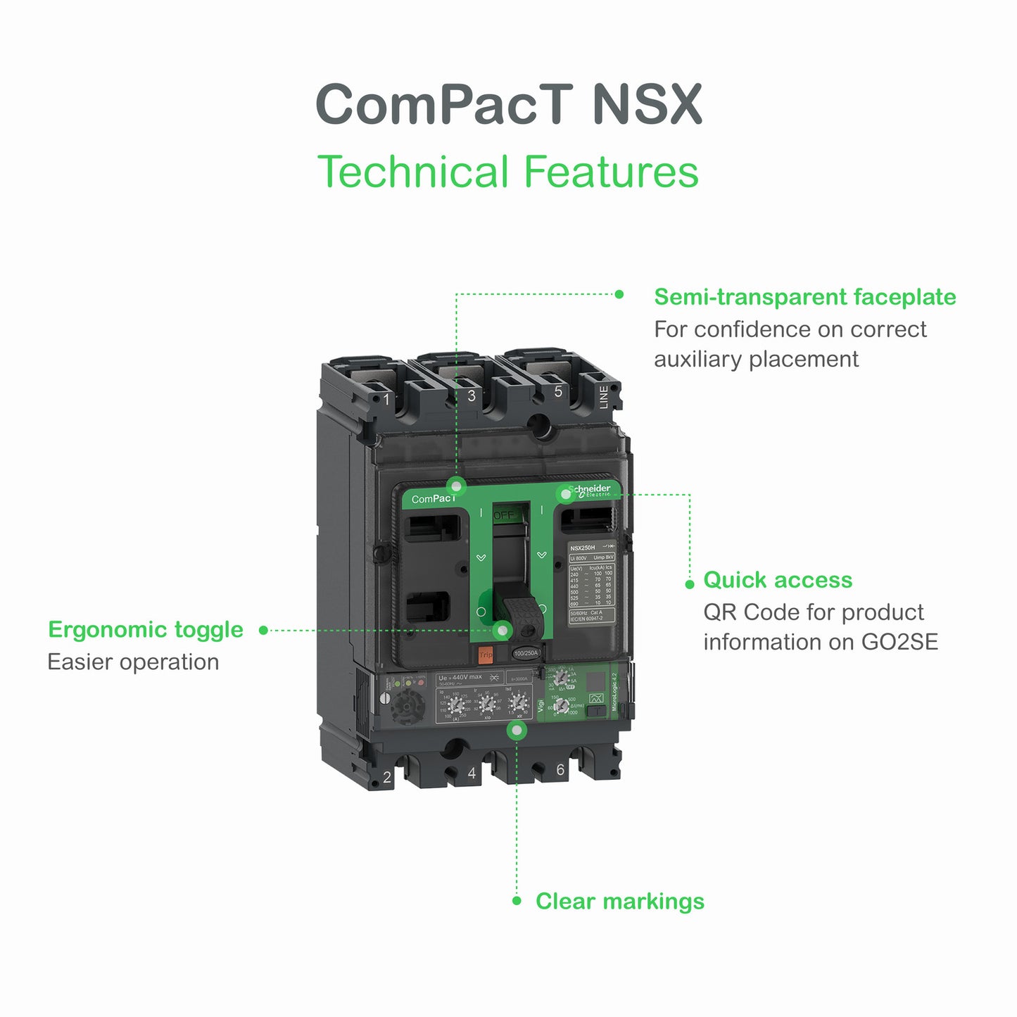 C25H3TM250 Circuit breaker ComPacT NSX250H, 70kA at 415VAC, TMD trip unit 250A, 3 poles 3d