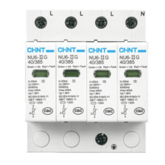 Supresor de Transientes CHINT NU6-II 3P 385Vac, Imax 100kA, 1.8kV – Protección Tipo 2 para Sistemas Trifásicos