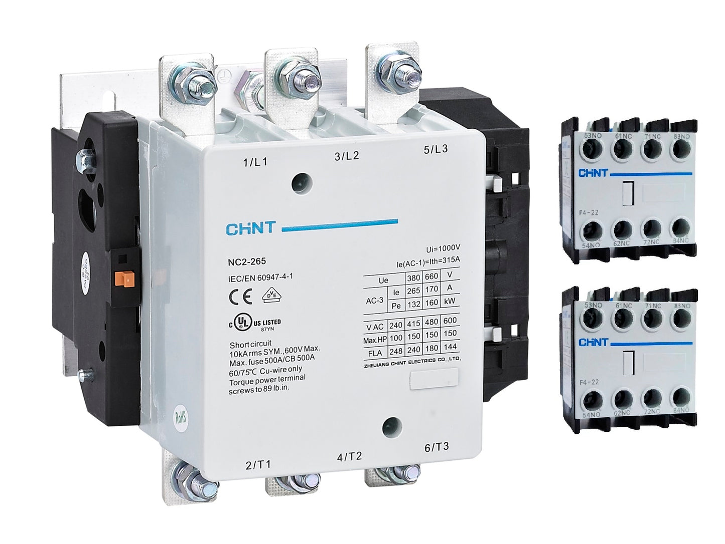 Contactor CHINT NC2-265 – 265 A, 3 polos (3NO), 132 kW (AC-3/380 V), bobina 220 V AC