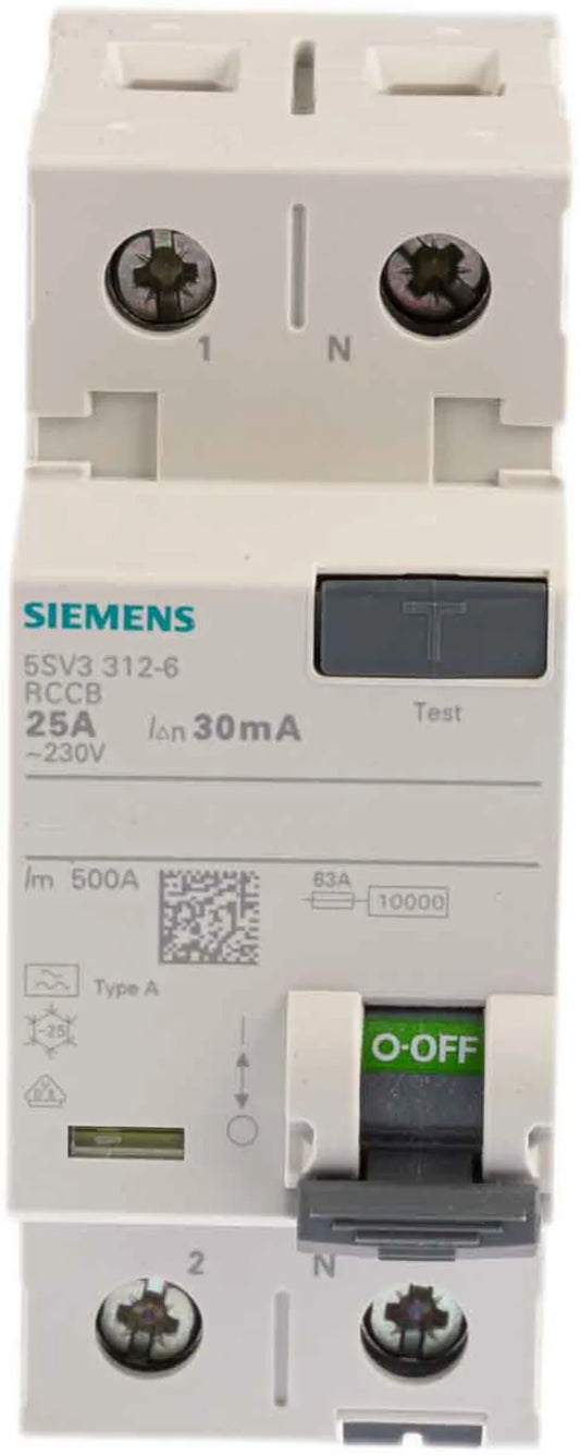 Interruptor Diferencial Siemens, 25A Tipo A, 2 Polos, 30 mA Tipo A SENTRON 5SV3 CCC, EAC, VDE, UKCA, CE - 5SV3312-6