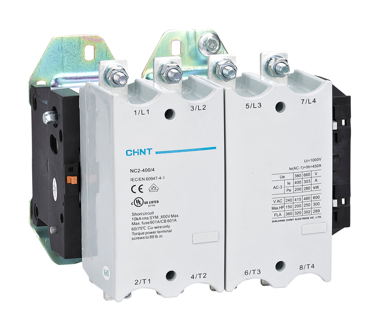 Contactor CHINT NC2-185/4 – 185 A, 4 polos (4NO), 90 kW (AC-3/380 V), bobina 220 V AC