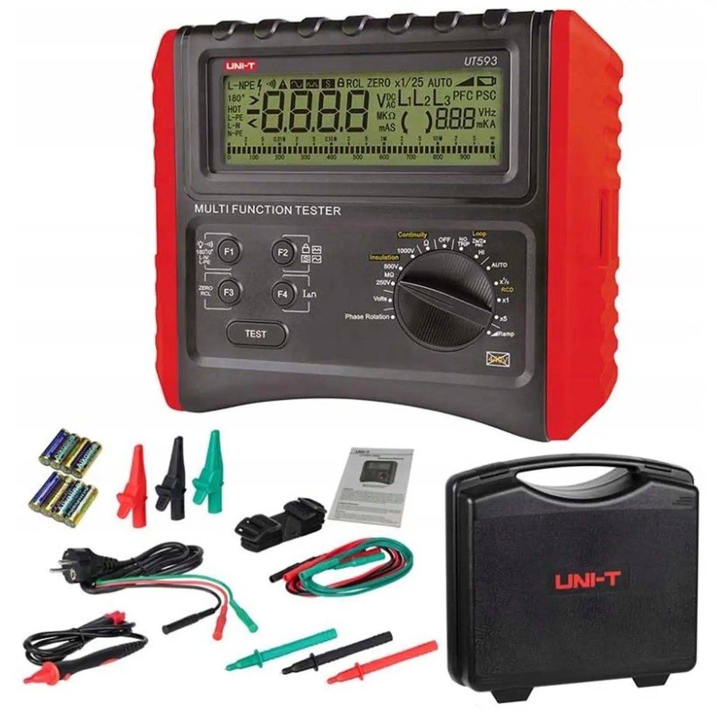 Probador de aislamiento, continuidad, impedancia, RCD, secuencia y falla de fase – UT593