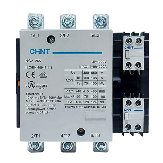 Contactor CHINT NC2-265 – 265 A, 3 polos (3NO), 132 kW (AC-3/380 V), bobina 220 V AC