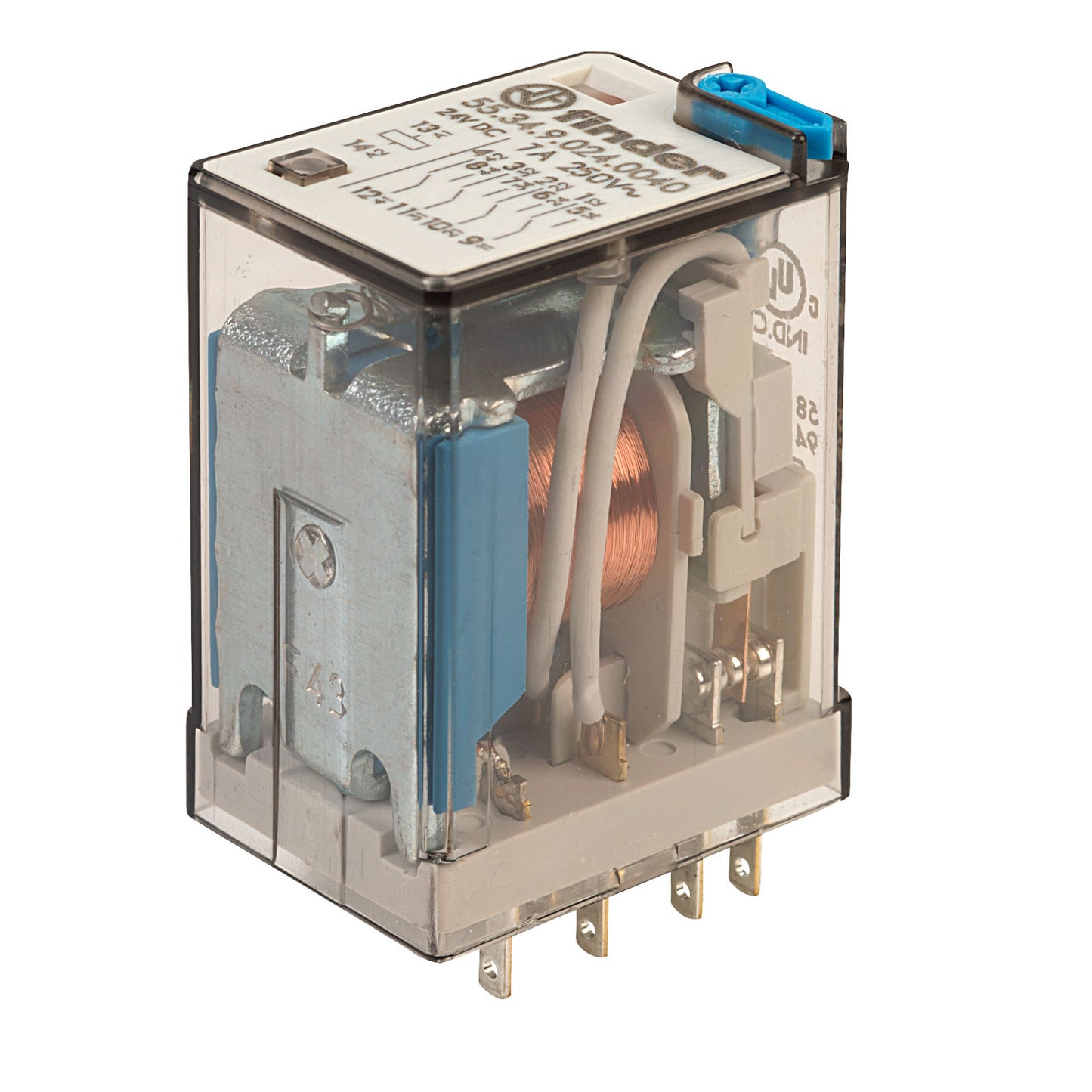 Relé Industrial Finder 55.34.9.024.0040 4PDT 7 A 24 VDC con Indicador Mecánico y Botón de Prueba – Código 55.34.9.024.0040