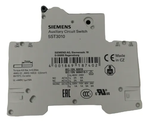 nterruptor Auxiliar Siemens SENTRON 5ST3010 1NO+1NC para MCB 5SL/5SY/5SP, RCBO 5SU1 y FI 5SV – Código 5ST3010