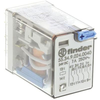 Relé Industrial Finder 55.34.9.024.0040 4PDT 7 A 24 VDC con Indicador Mecánico y Botón de Prueba – Código 55.34.9.024.0040