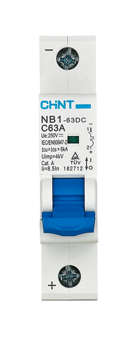 Interruptor Termomagnético CHINT NB1‑63DC 2 P 20 A 500 V DC Curva C – Código 07032220CH
