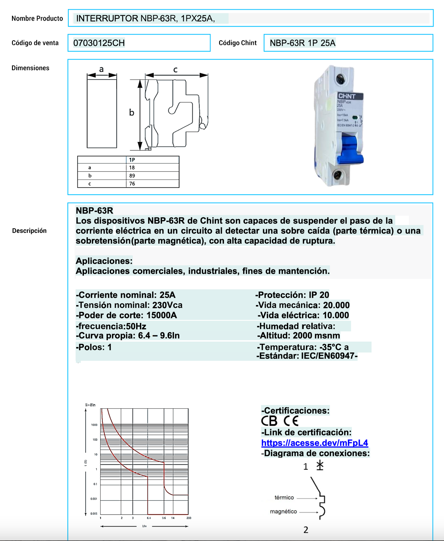 Interruptor Termomagnético CHINT 1P 20A 15kA Curva C – Código 07030120CH