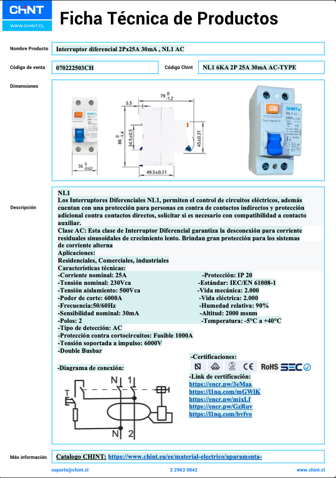 Interruptor Diferencial CHINT NL1 2P 25A 30mA Tipo AC – Código 070222503CH