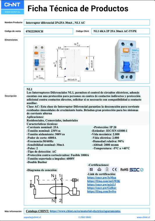Interruptor Diferencial CHINT NL1 2P 25A 30mA Tipo AC – Código 070222503CH