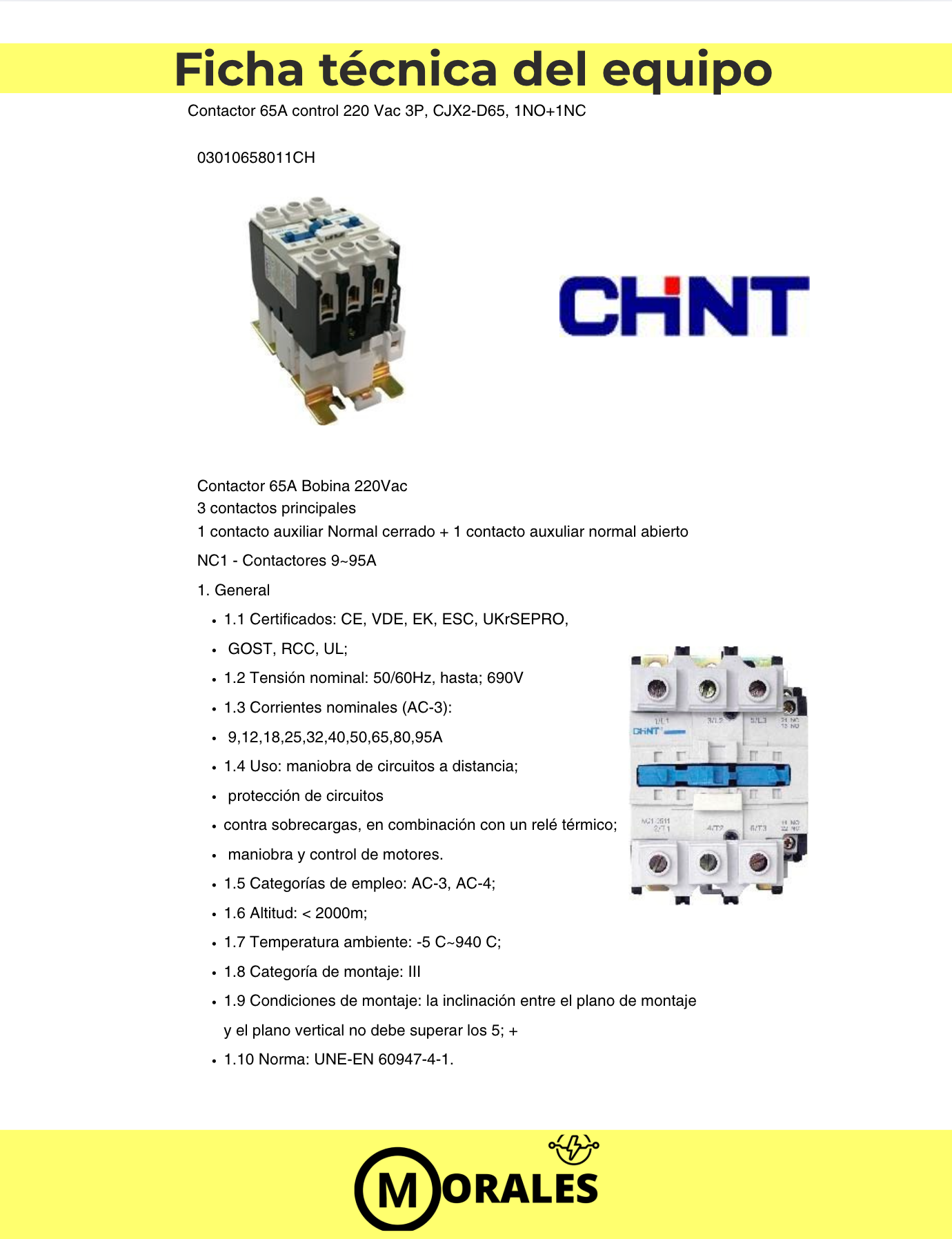 Contactor CHINT NC1-6511 65A 3P + Auxiliares (1NA+1NC) 30kW 220V AC