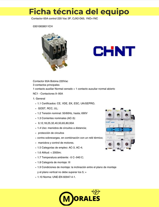 Contactor CHINT NC1-6511 65A 3P + Auxiliares (1NA+1NC) 30kW 220V AC