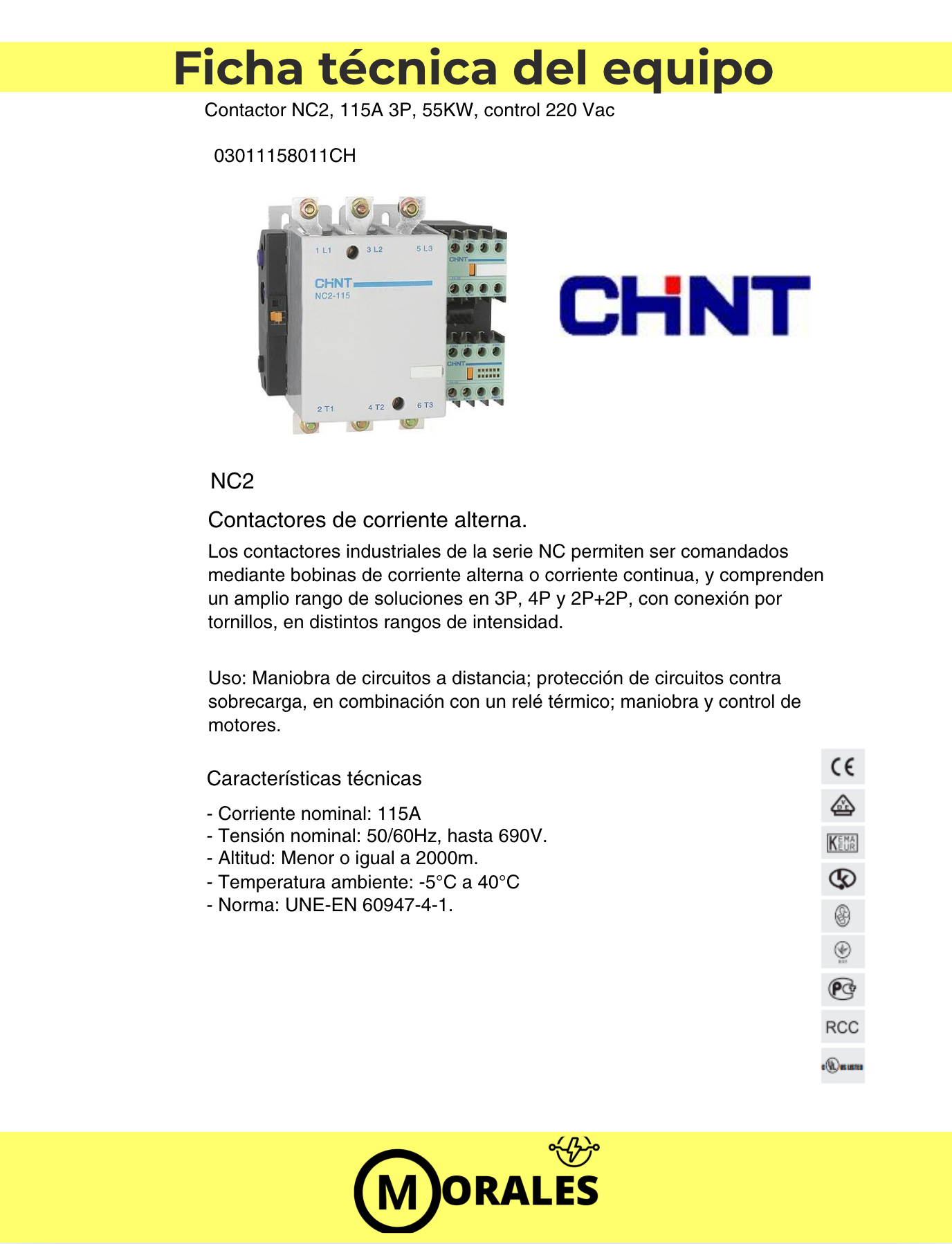 Contactor CHINT NC2-115 – 115 A, 3P, 55 kW (AC-3/380 V), bobina 220 V AC