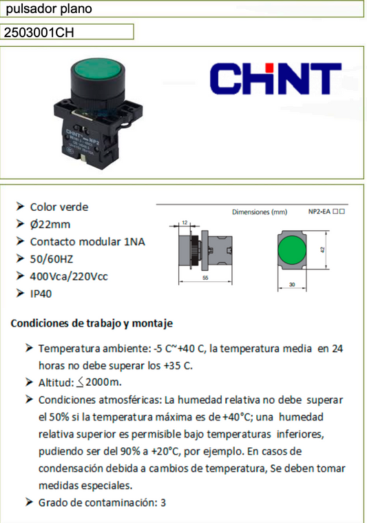 Pulsador plano verde CHINT 1NA Ø22 mm – Código 2503001CH