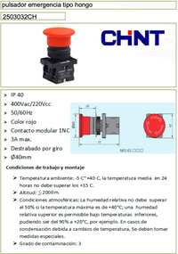 Pulsador de emergencia hongo CHINT Ø40 mm, 1 NC, giro para destrabar – Código 2503032CH