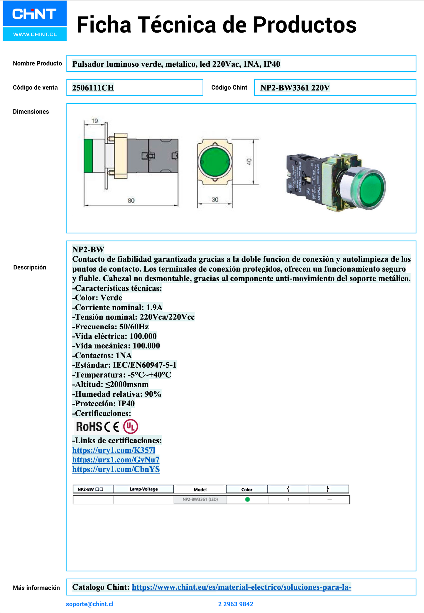 Pulsador luminoso metálico verde CHINT NP2‑BW1361C 220 V LED 1 NA Ø22 mm – Código 2506111CH