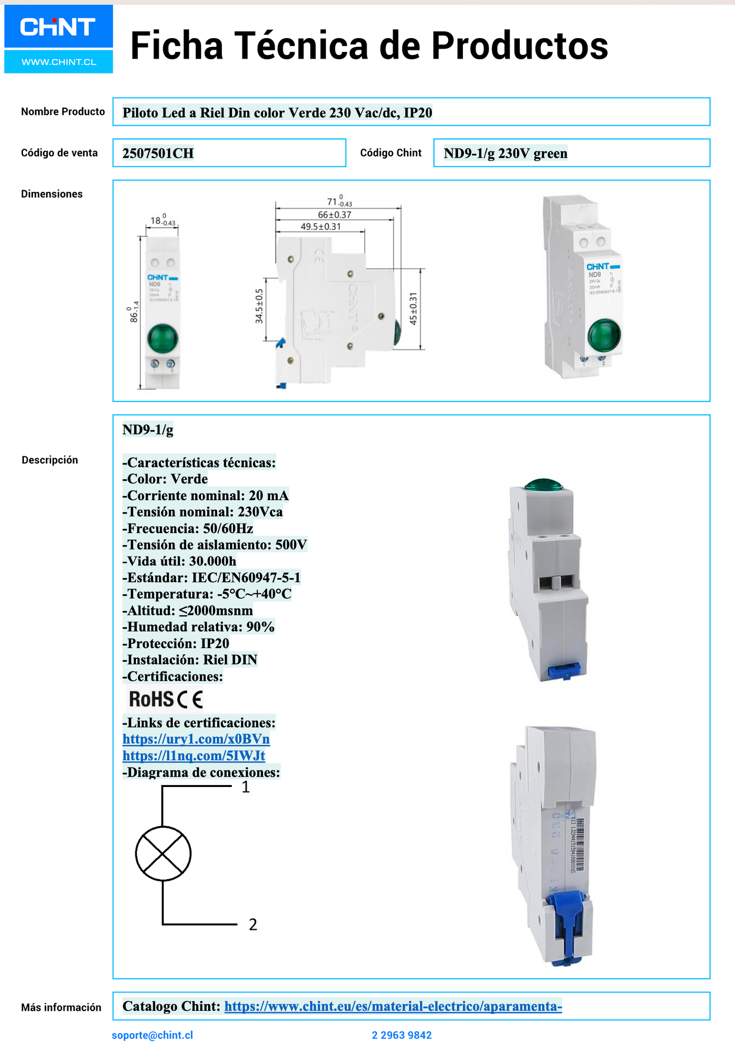 Piloto LED Montaje Riel DIN CHINT ND9‑1/G Verde 230 VAC/DC 20 mA – Código 2507501CH