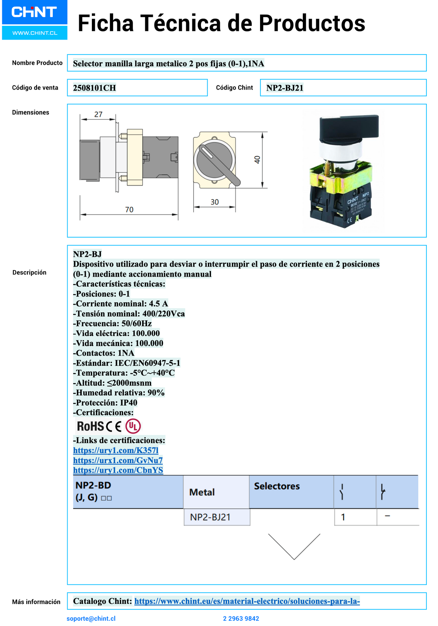 Selector Manilla Larga Metálico CHINT NP2‑BJ21 2 Posiciones (0‑1) 1 NA – Código 2508101CH