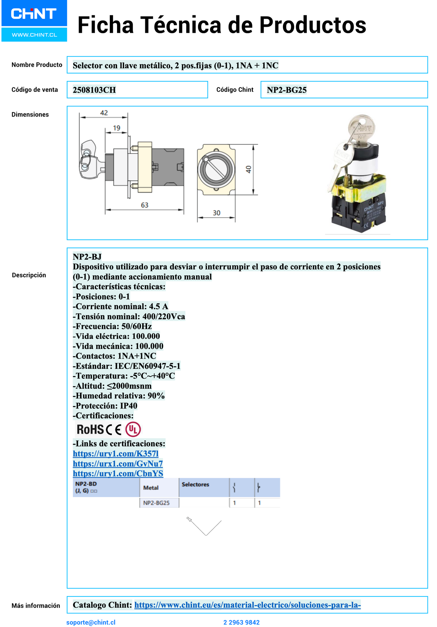 Selector con llave metálico CHINT NP2‑BG25 2 Posiciones (0‑1) 1 NA+1 NC – Código 2508103CH