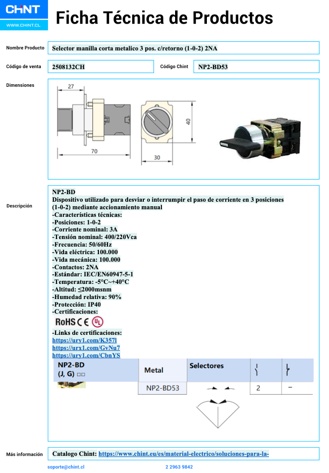 Selector Metálico Manilla Corta CHINT NP2‑BD53 3 Posiciones con Retorno Automático 2 NA – Código 2508132CH