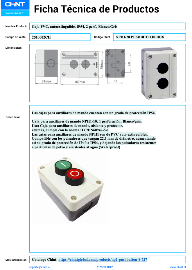 Caja PVC Autoextinguible CHINT NPH1‑20 IP65 2 Perforaciones Ø22 mm – Código 2510002CH