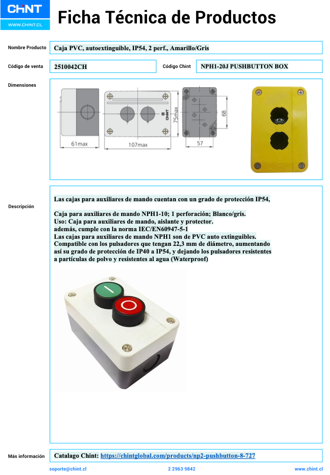 Caja PVC Autoextinguible CHINT NPH1‑20J IP65 2 Perforaciones Ø22 mm – Código 2510002CH