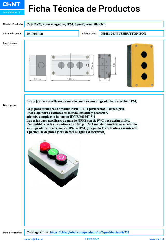 Caja PVC Autoextinguible CHINT NPH1‑30J IP65 3 Perforaciones Ø22 mm – Código 2510043CH