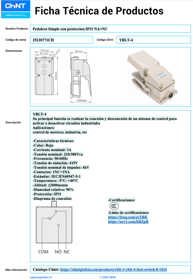 Pedalera Simple CHINT YBLT‑4 IP31 1 NA+1 NC 3 A 220/380 VAC – Código 25120771CH