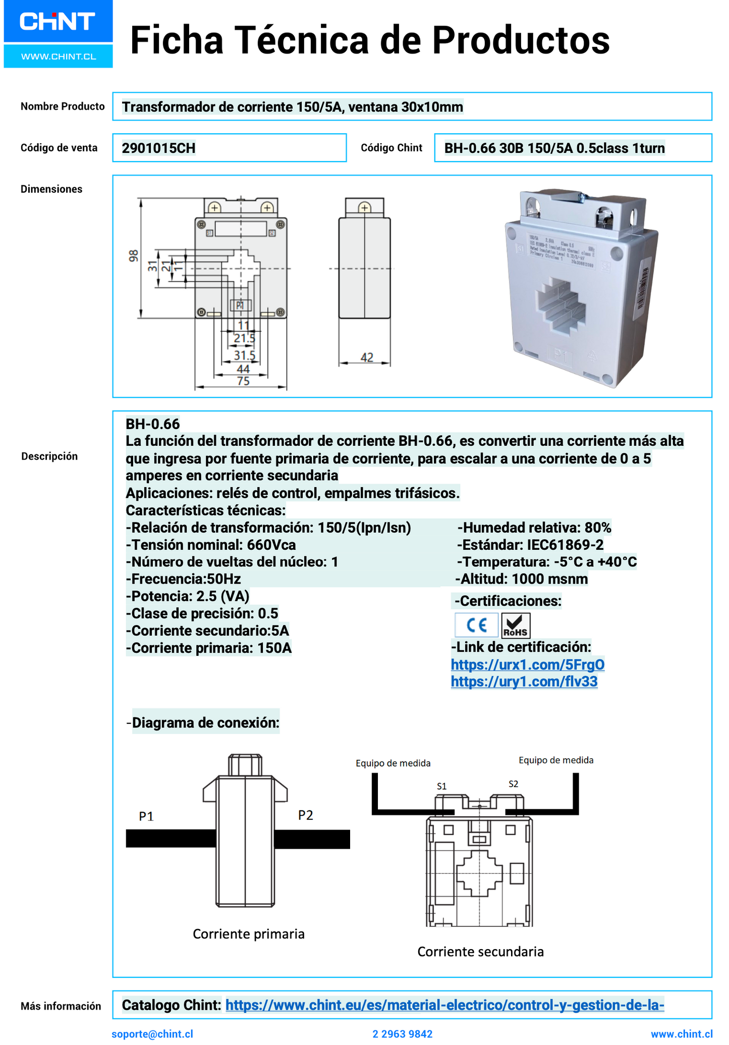 Transformador de Corriente CHINT BH‑0.66 30I B 150/5 A Clase 0.5 – Código 2901015CH