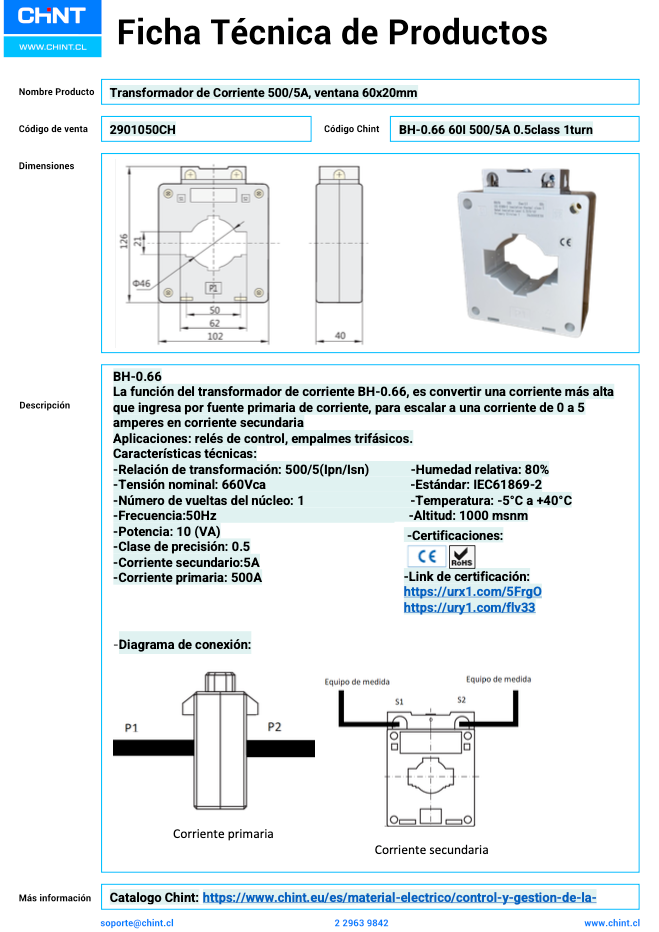 Transformador de Corriente CHINT BH‑0.66 60I 500/5 A Clase 0.5 – Código 2901050CH