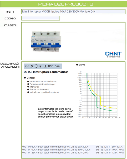 Interruptor Termomagnético (MCCB) CHINT DZ158‑125 4P 100 A Curva C 10 kA – Código 070114100CH