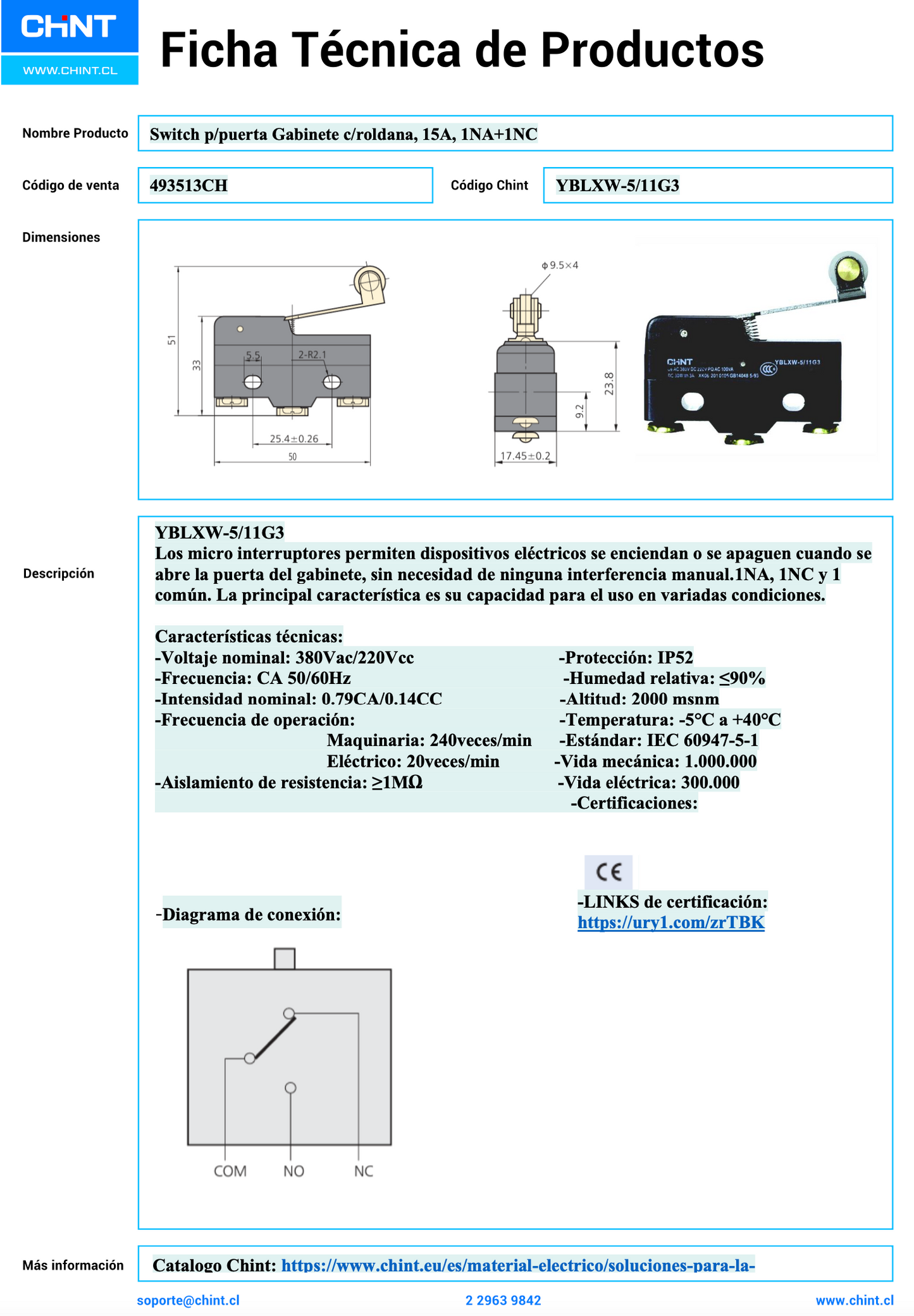 Switch mecánico de puerta gabinete CHINT YBLXW‑5/11G3 15 A 1NO+1NC – Código 493513CH
