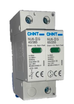 Supresor de Transiente CHINT NU6‑ⅡG 1P+N 385 VAC Imax 40 kA Indicador – Código 6105003CH
