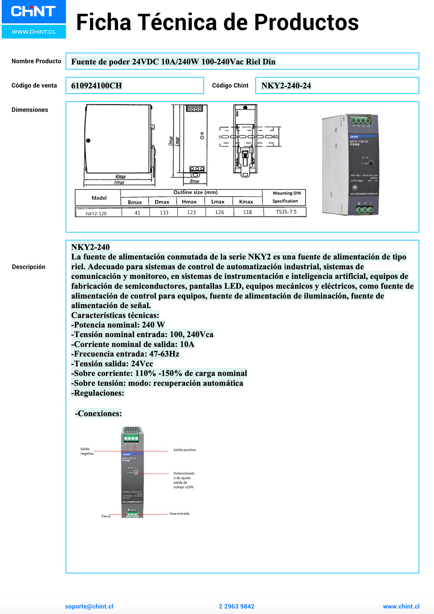 Fuente de Poder CHINT NKY2-240-24 24 V DC 10 A 240 W Entrada 90–264 V AC Montaje en Riel DIN – Código 610924100CH