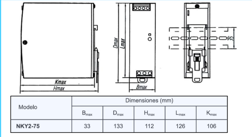 Fuente de Poder CHINT NKY2-75-12 12 V DC 6,25 A 75 W Entrada 90–264 V AC Montaje en Riel DIN – Código 610912060CH