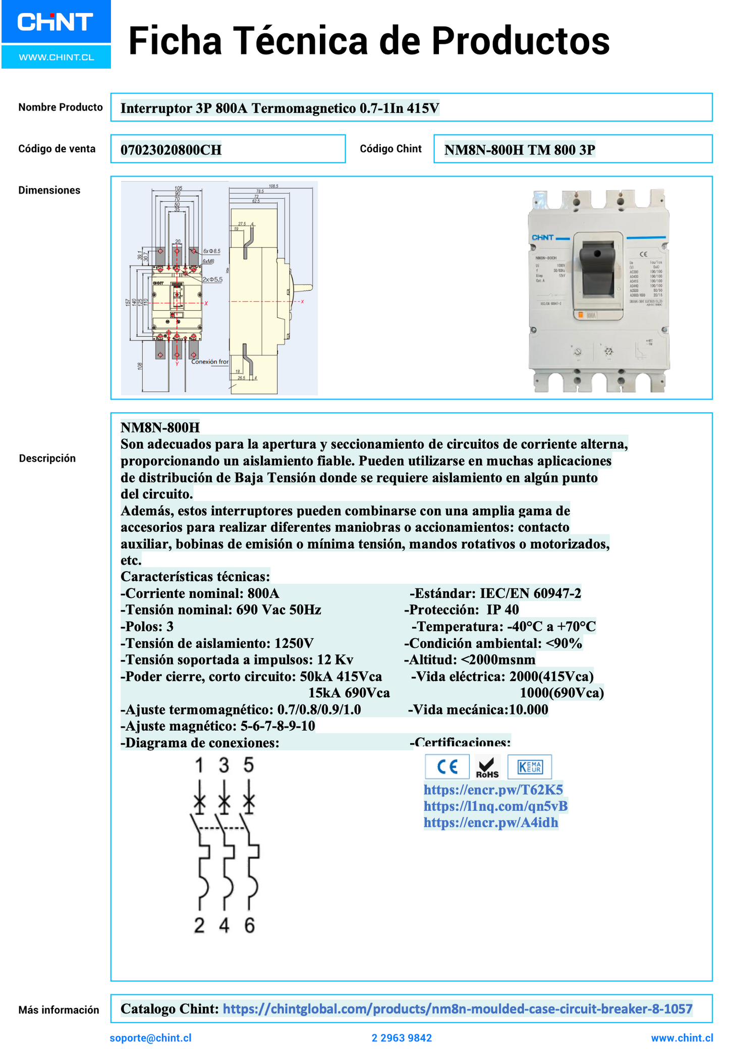 Interruptor Termomagnético CHINT NM8N-800H 3P 800A 415V 0.7–1In – Código 07023020800CH