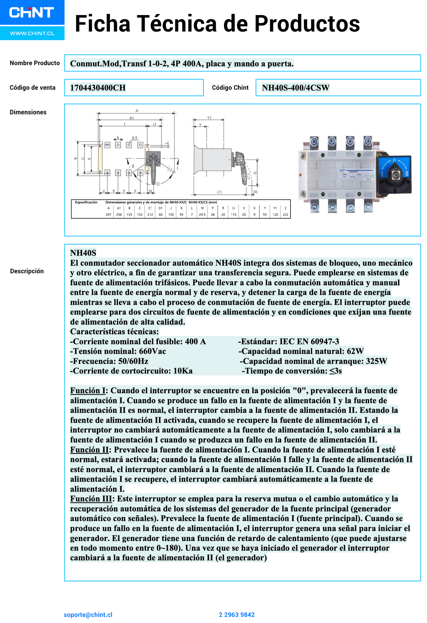 Conmutador Modificado CHINT NH40S-400/4CSW 4P 400A 1-0-2 con placa y mando a puerta – Código 1704430400CH