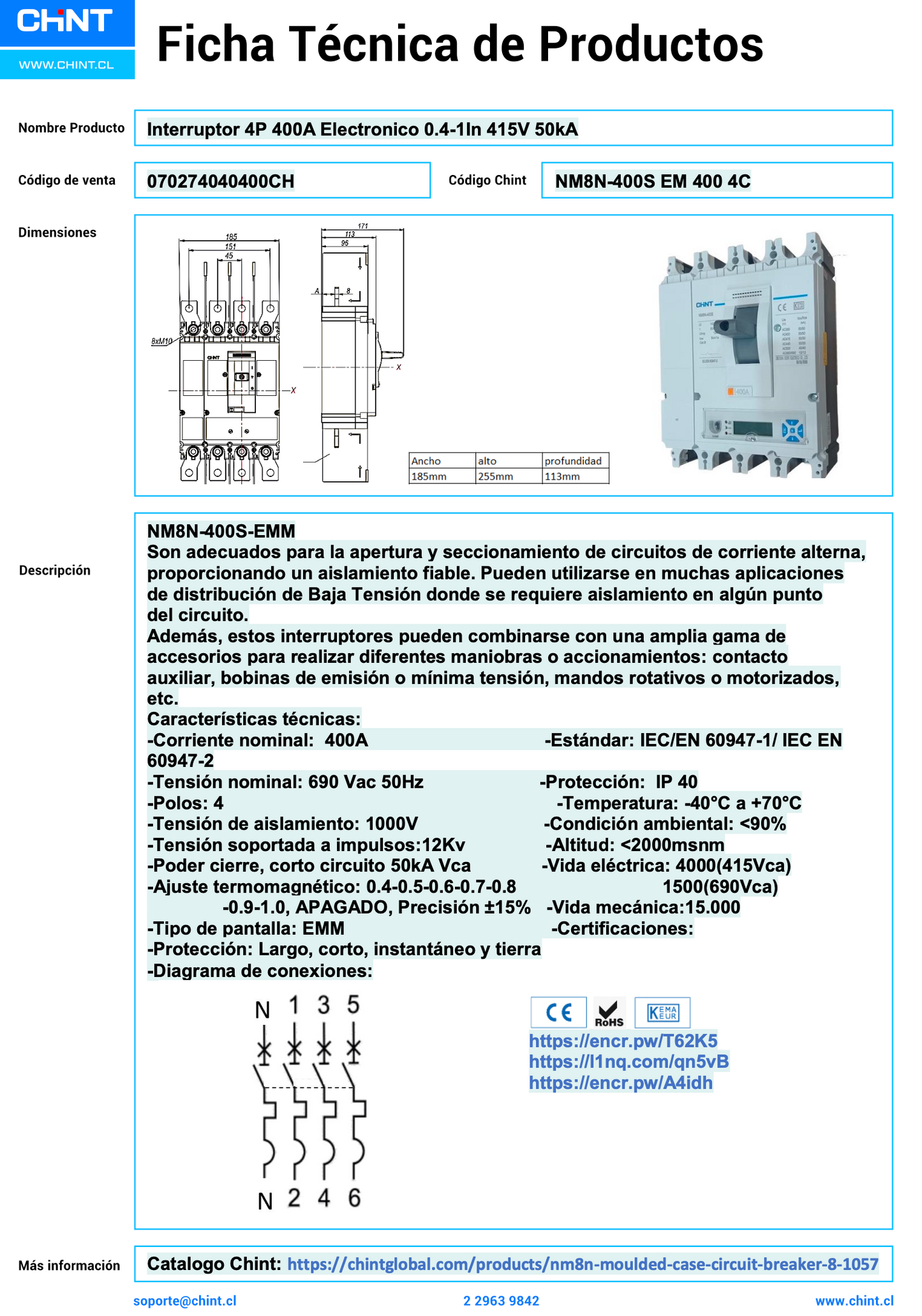 Interruptor Electrónico CHINT NM8N-400S 4P 400A 415V 50kA 0.4–1In – Código 070274040400CH
