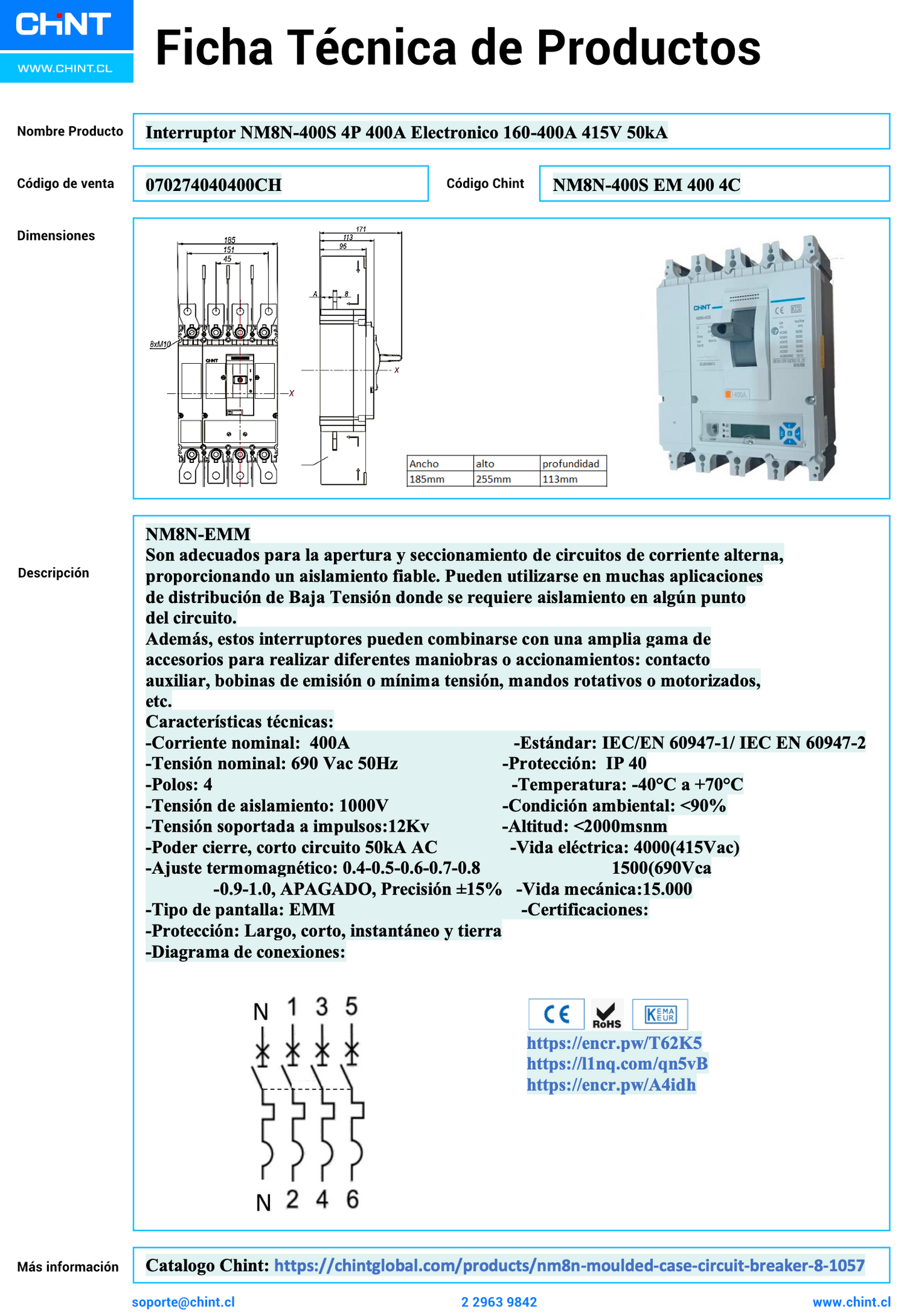 Interruptor Termomagnético CHINT NM8N-400S 4P 400A 415V 50kA 0.7–1In – Código 07024040400CH